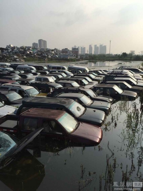 浙江义乌遭暴雨袭击 成排汽车被淹没【组图】